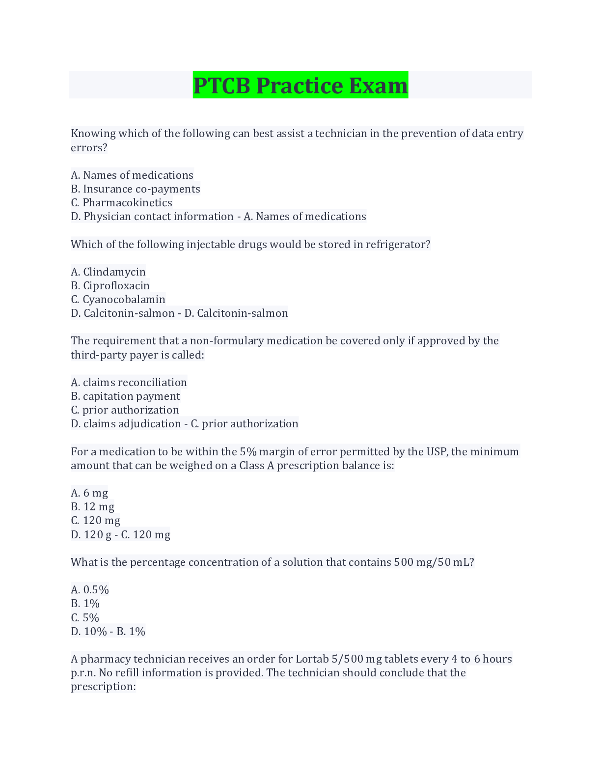 Preview image for PTCB Practice Exam Questions And Answers Latest Update 2022 With Complete Solution Rated A.